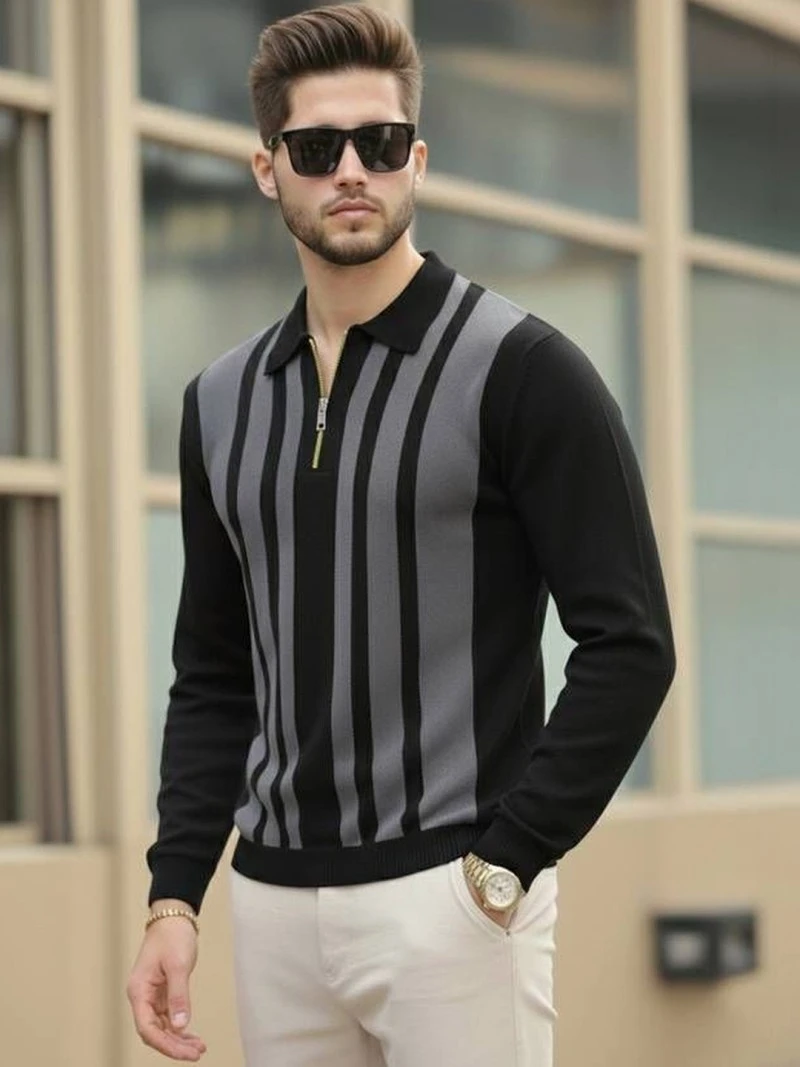 TRIPR Men Striped Polo Collar T-shirt