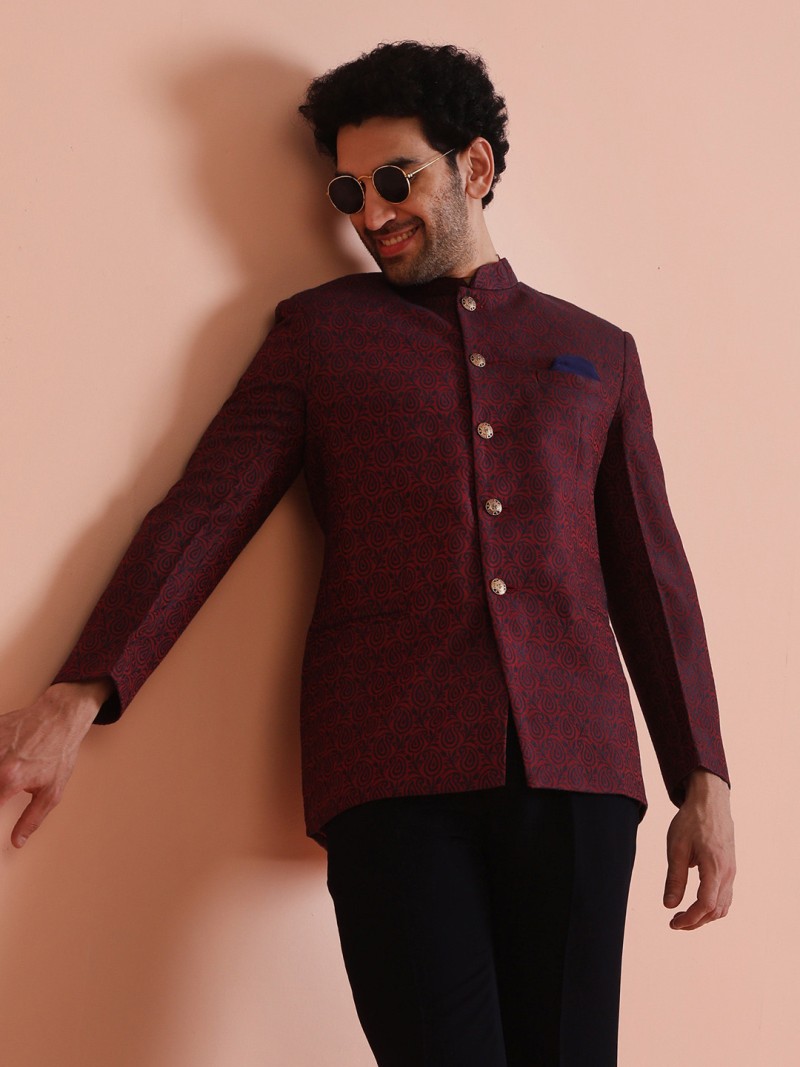 KISAH Woven-Design Bandhgala Blazer