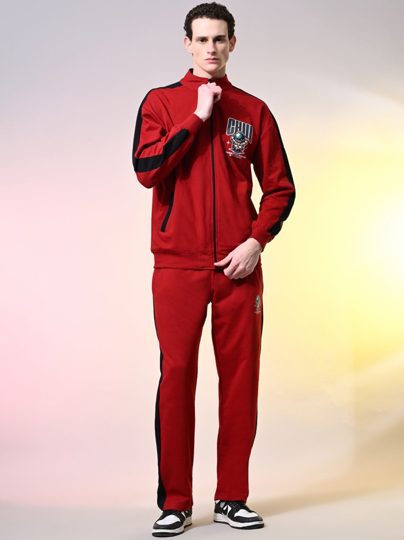 STARFOX Printed Mock Collar Fleece Oversized Zipper Sweatshirt with Trouser Co-Ord Set