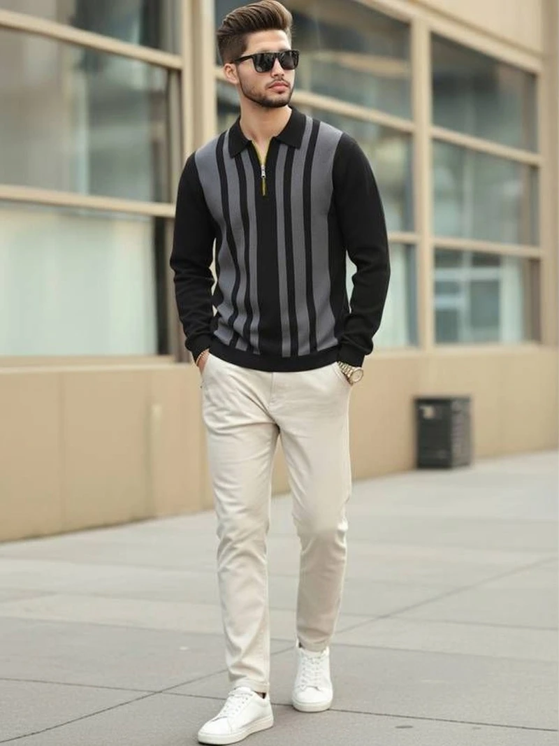 TRIPR Men Striped Polo Collar T-shirt